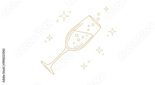 A champagne flute with bubbles and sparkles is depicted in a minimalist golden outline illustration.