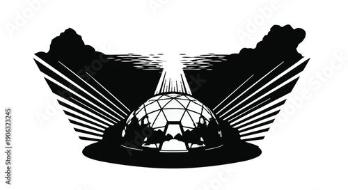 Futuristic dome structure illuminated by a bright beam of light amidst abstract radiating lines