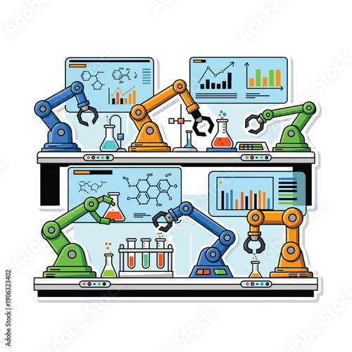 A colorful cartoon illustration of robotic laboratory