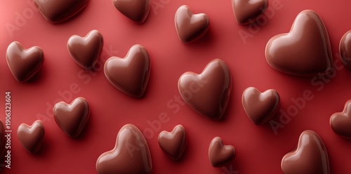 A colorful arrangement of heart‑shaped chocolates in red, white, and brown set upon a smooth red background