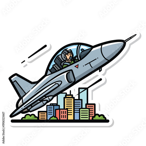 A fighter jet soaring over a cityscape