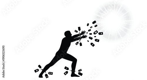 Silhouette of a person reaching for a bright light, with small objects scattering around them.