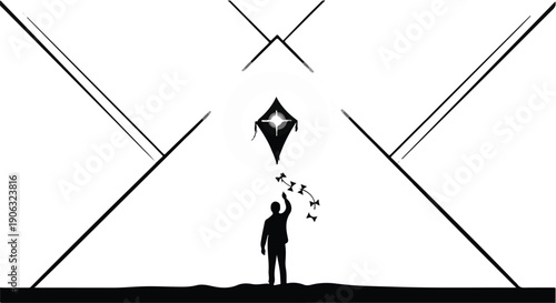 Silhouette of a person reaching towards a bright, abstract symbol in a minimalist, geometric landscape.