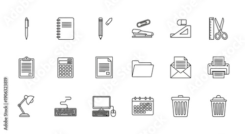 Office supplies and technology icons for business and productivity