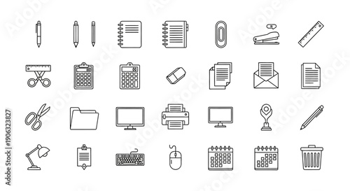 Office supplies and stationery icons for business and education