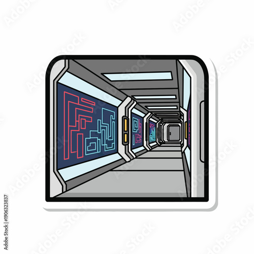 A futuristic corridor with colorful maze-like designs on walls