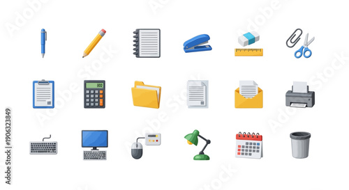 Office supplies and technology icons for business and productivity needs