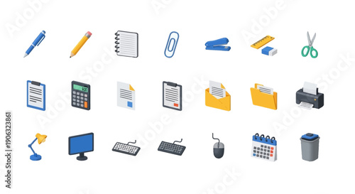 Office supplies and technology icons for business and productivity needs