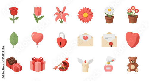 Valentine's Day icons set with flowers, gifts, hearts, and love symbols