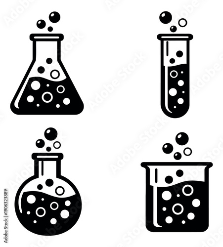 Monochrome graphic science glassware set featuring bubbling beakers, flasks, and test tubes for laboratory experiments