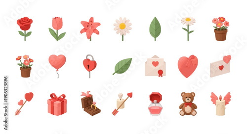 Valentine's Day icons set with flowers, hearts, gifts, and love symbols