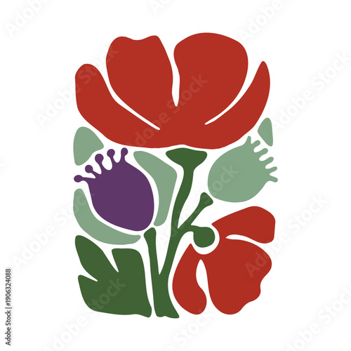 Bold Red Abstract Poppy Flower Illustration with Minimalist Green Leaves