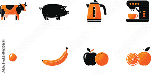 Professional minimalist kitchen icon set featuring duotone orange and black illustrations of coffee machines kettles farm animals and fresh fruits