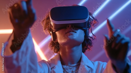 In the domain of technological exploration, a person with a virtual reality headset is bathed in the bright light of digital innovation, entering the immersive virtual world