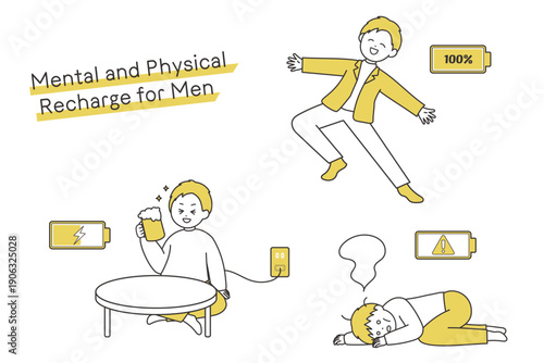 メンタル回復中の男性｜心や体の充電状況を表すイラストセット