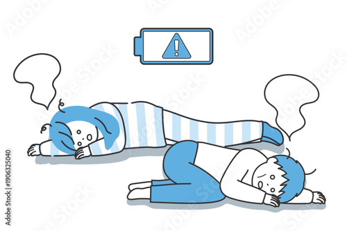 疲れ果てて寝そべり魂の抜けたような顔の男女