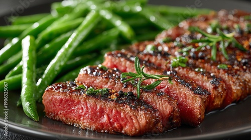 Exquisite Steak: A sumptuous, flawlessly grilled steak, beautifully arranged with fresh green beans, a culinary masterpiece prepared to tantalize the taste buds