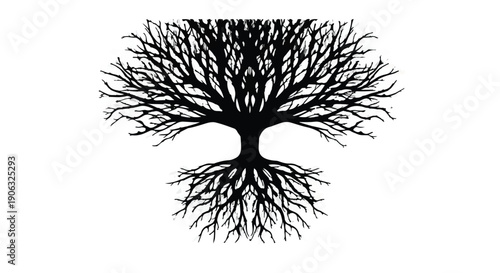 Symbolic silhouette of a bare tree with intricate roots, representing life and connection.