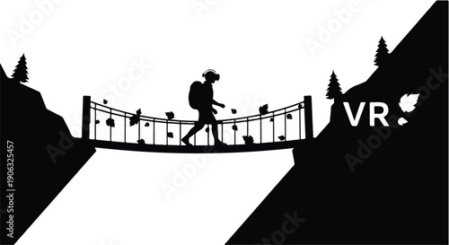 Adventurer crosses a suspension bridge over a canyon, symbolizing a journey and exploration.