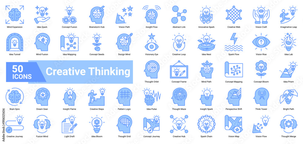 Obraz premium A collection of Creative Thinking icons. Containing ideas, visions, concepts, and imagination. Ideal for design projects, innovation, and brainstorming sessions.