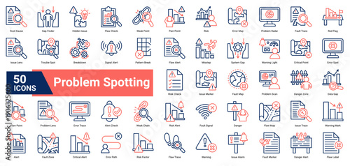 A collection of Problem Spotting icons. Containing alerts, risks, faults, and errors. Ideal for business analysis, troubleshooting, and risk management.