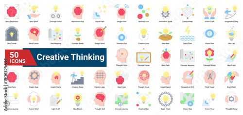 A collection of Creative Thinking icons. Containing ideas, visions, concepts, and imagination. Ideal for design projects, innovation, and brainstorming sessions.