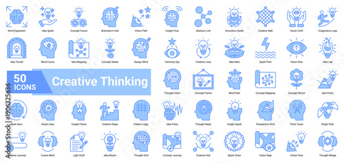 A collection of Creative Thinking icons. Containing ideas, visions, concepts, and imagination. Ideal for design projects, innovation, and brainstorming sessions.