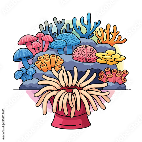 A vibrant illustration of a brain-like structure composed of colorful mushrooms and coral