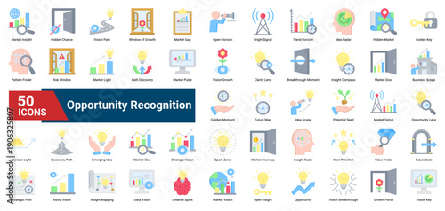 A collection of Opportunity Recognition icons. Containing insights, markets, visions, and discoveries. Ideal for business growth, innovation, and strategic planning.
