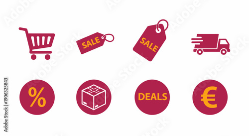 Modern E commerce and Shopping Vector Icons Set Including Sale Delivery Deals Discount and Currency Symbols in Flat Design