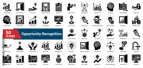 A collection of Opportunity Recognition icons. Containing insights, markets, visions, and discoveries. Ideal for business growth, innovation, and strategic planning.