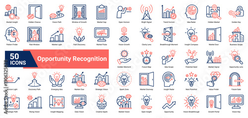 A collection of Opportunity Recognition icons. Containing insights, markets, visions, and discoveries. Ideal for business growth, innovation, and strategic planning.