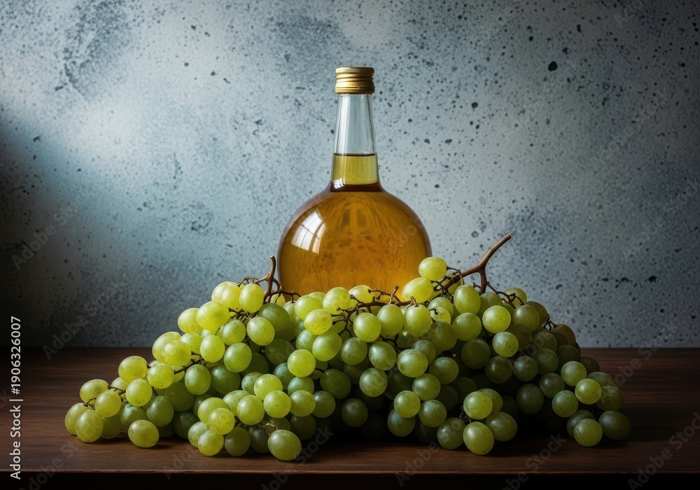 Obraz premium A bottle of wine and a bunch of green grapes on a wooden table indoors