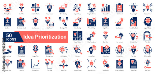 A collection of Idea Prioritization icons. Containing filters, rankings, values, and choices. Ideal for strategy mapping, project planning, and creative evaluation.