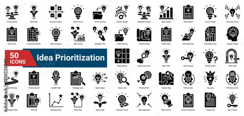 A collection of Idea Prioritization icons. Containing filters, rankings, values, and choices. Ideal for strategy mapping, project planning, and creative evaluation.