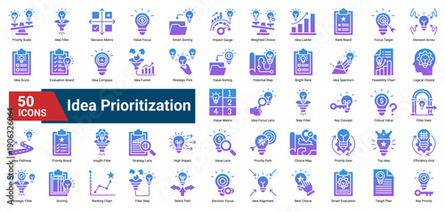 A collection of Idea Prioritization icons. Containing filters, rankings, values, and choices. Ideal for strategy mapping, project planning, and creative evaluation.