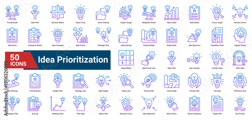 A collection of Idea Prioritization icons. Containing filters, rankings, values, and choices. Ideal for strategy mapping, project planning, and creative evaluation.