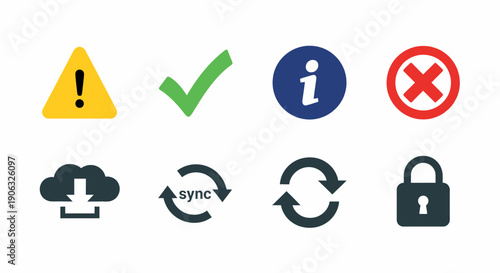 Set of 8 Flat Icons Warning Checkmark Information Cancel Download Sync Refresh Lock