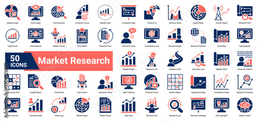 A collection of Market Research icons. Containing data, insights, trends, and analysis. Ideal for business strategy, market studies, and competitive intelligence.