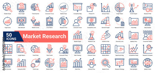A collection of Market Research icons. Containing data, insights, trends, and analysis. Ideal for business strategy, market studies, and competitive intelligence.