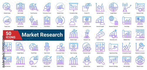 A collection of Market Research icons. Containing data, insights, trends, and analysis. Ideal for business strategy, market studies, and competitive intelligence.