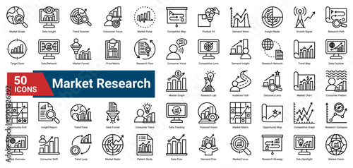 A collection of Market Research icons. Containing data, insights, trends, and analysis. Ideal for business strategy, market studies, and competitive intelligence.