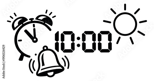Line art morning time icons set featuring a ringing alarm clock, digital 10:00, a bell, and a sun for wake up concepts