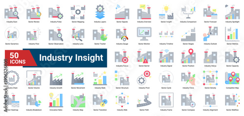 A collection of Industry Insight icons. Containing industry, sector, metrics, and competitiveness. Ideal for strategy analysis, market evaluation, and business intelligence.