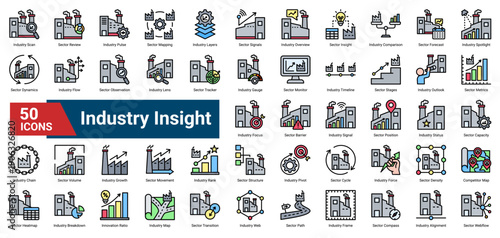 A collection of Industry Insight icons. Containing industry, sector, metrics, and competitiveness. Ideal for strategy analysis, market evaluation, and business intelligence.