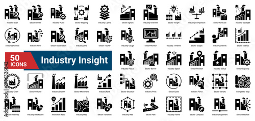 A collection of Industry Insight icons. Containing industry, sector, metrics, and competitiveness. Ideal for strategy analysis, market evaluation, and business intelligence.