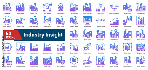 A collection of Industry Insight icons. Containing industry, sector, metrics, and competitiveness. Ideal for strategy analysis, market evaluation, and business intelligence.