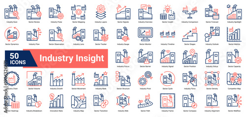 A collection of Industry Insight icons. Containing industry, sector, metrics, and competitiveness. Ideal for strategy analysis, market evaluation, and business intelligence.