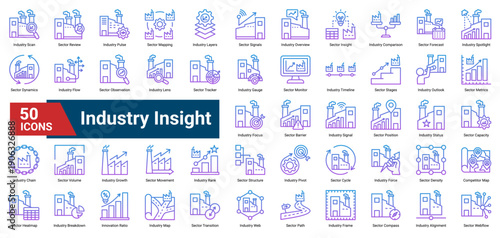 A collection of Industry Insight icons. Containing industry, sector, metrics, and competitiveness. Ideal for strategy analysis, market evaluation, and business intelligence.