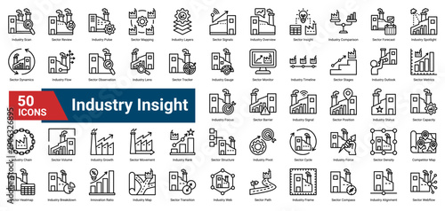 A collection of Industry Insight icons. Containing industry, sector, metrics, and competitiveness. Ideal for strategy analysis, market evaluation, and business intelligence.